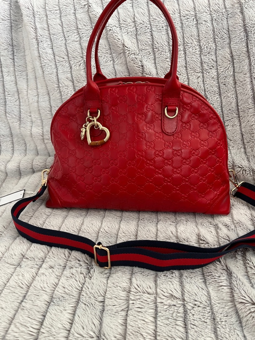 Gucci Red Embossed GG Dome Satchel with Gold Heart Charm